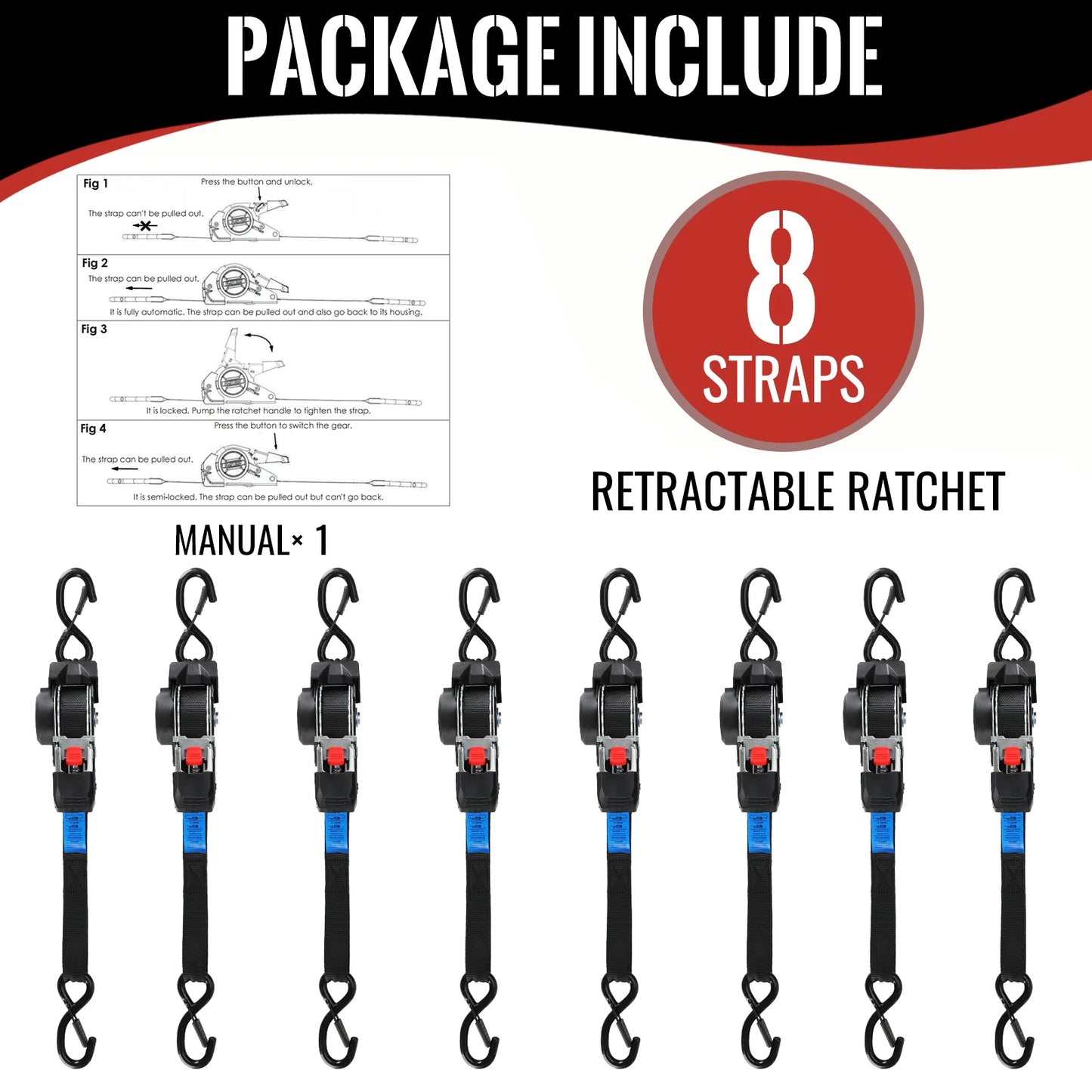 Automatic Ratchet Straps 3M X 25mm Self Retracting Tie Down Straps With S Hooks