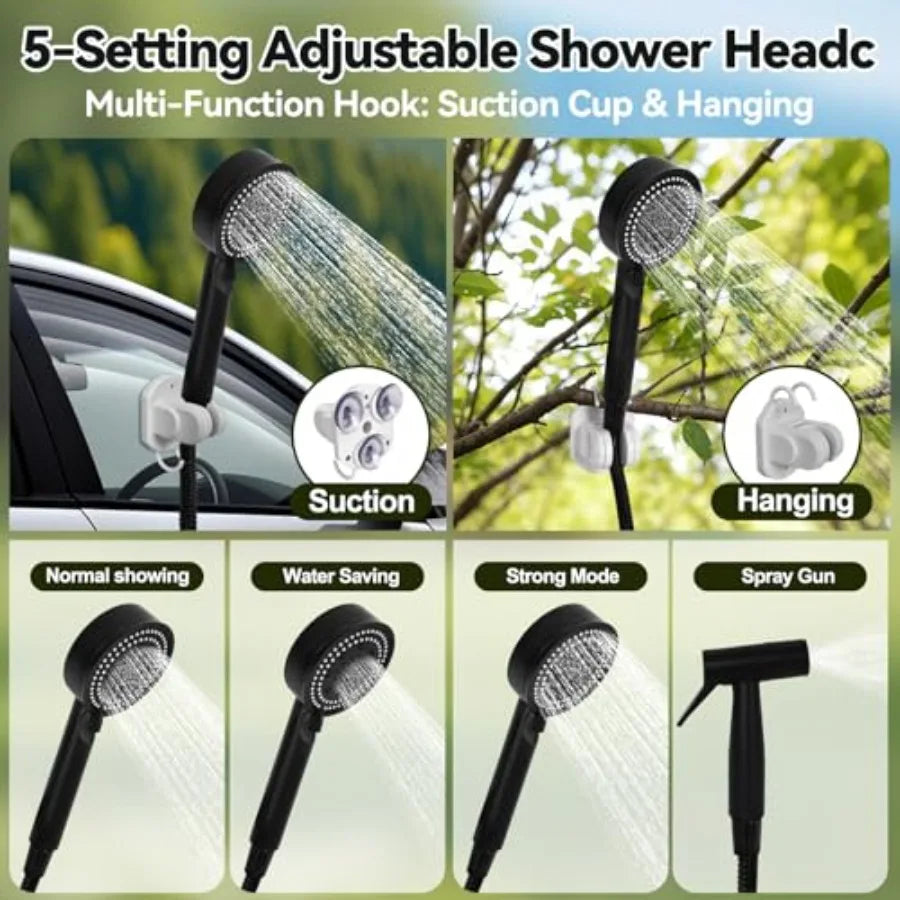 Camping shower with heater and 5-gallon water jug, portable rechargeable shower with 6000mAh battery, 1500W immersion heater, a
