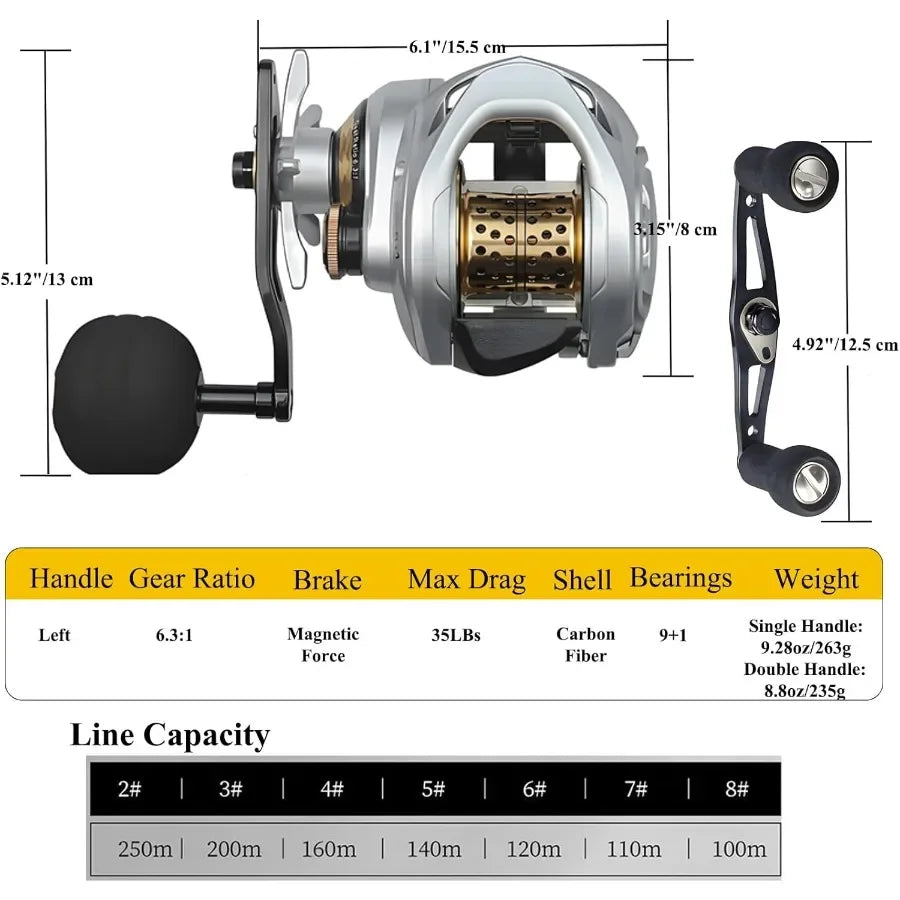 Carbon Fiber Baitcasting Fishing Reel 35 Lb Drag Nine and One Ball Bearings