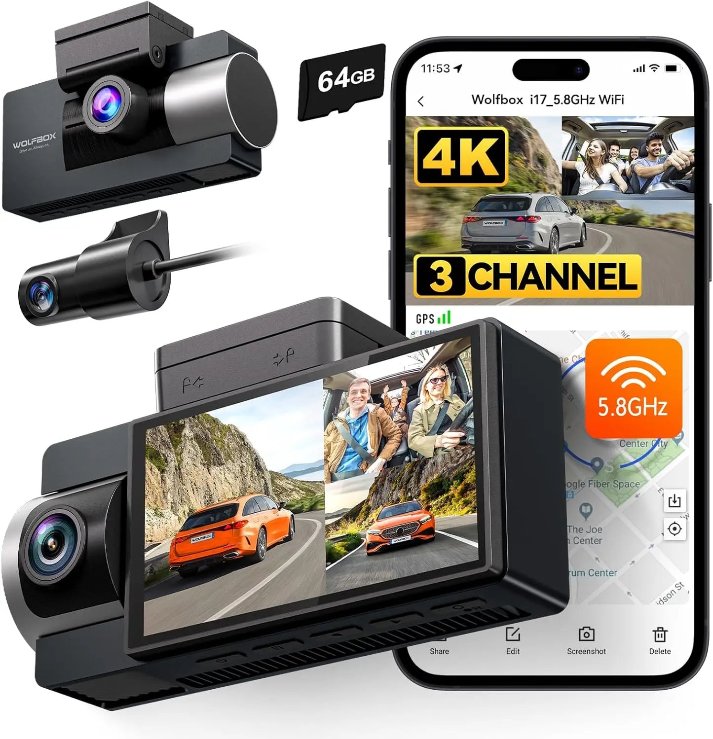 WOLFBOX i17 4K 3 Lens Dash Camera 3 Cameras Dashcam 5G Wifi App Control Car Cam Recorder Front/Cabin/Rear GPS Night Vision