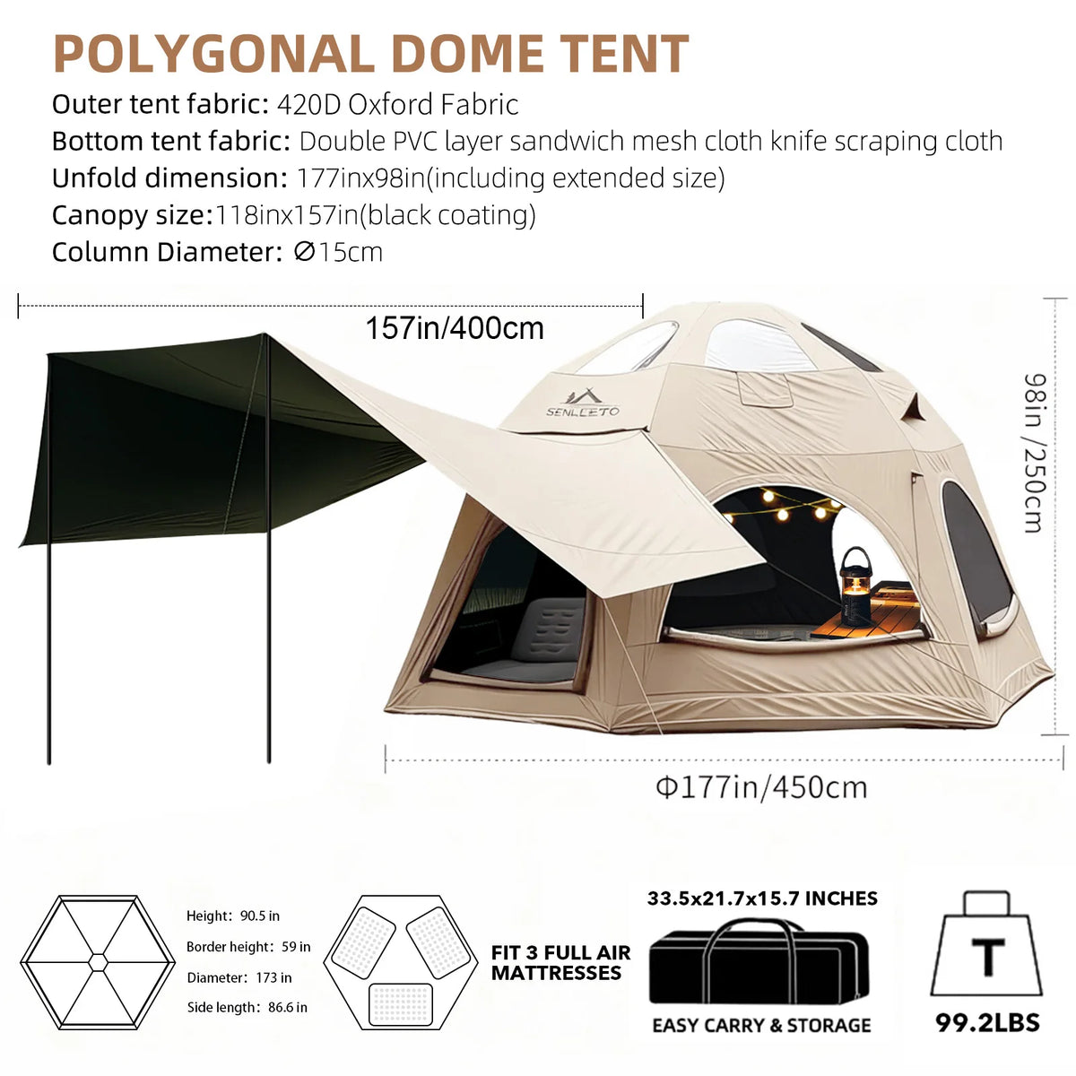Inflatable Glamping Dome Tent 420D Oxford Family Camping Tent