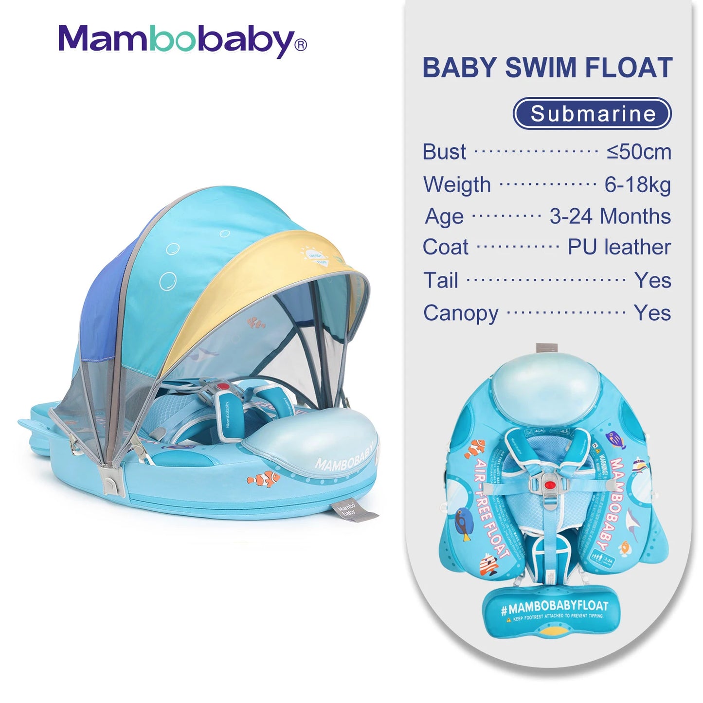 Mambobaby Animal Float Non-Inflatable Safe Solid Core Baby Swimming buoy Water Trainer Infant Pool Floator Swim Ring with Canopy
