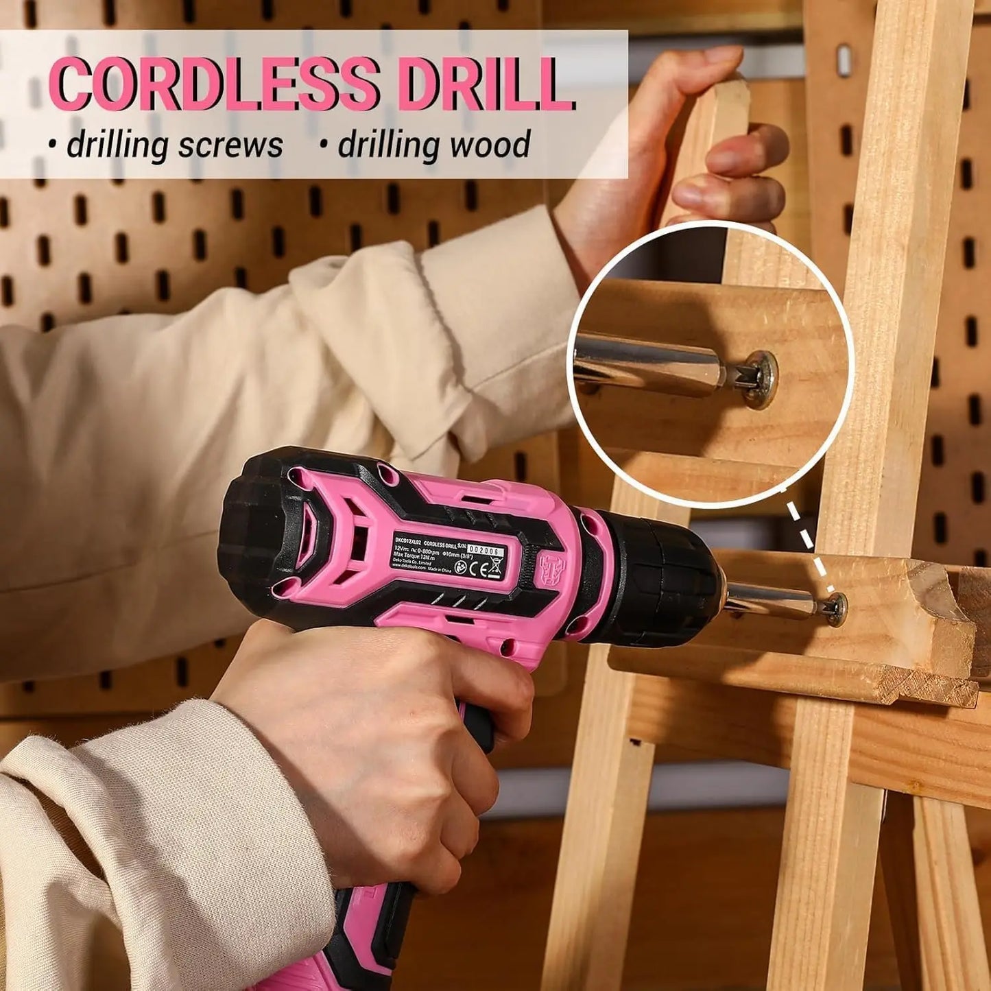 Pink Cordless Drill Tool Set Kit for Women, 12V Electric Drill Driver with Toolbox for Home Repair and DIY Projects