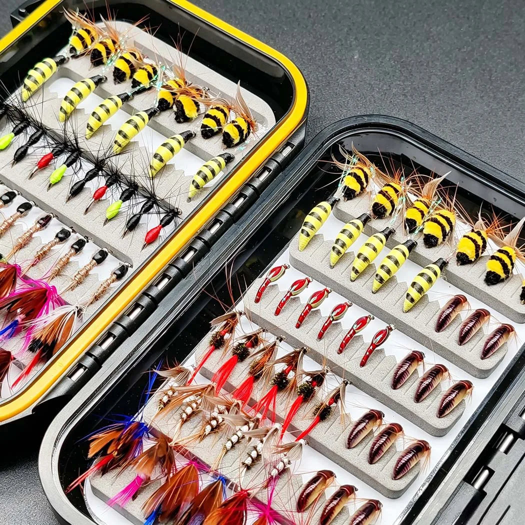 Fly Fishing Flies Artificial Bait Kit-2Boxes Bundle(Total 124Pcs Flies)Dry Wet Nyphms Fishing Bait for Trout Bass with Fly Box
