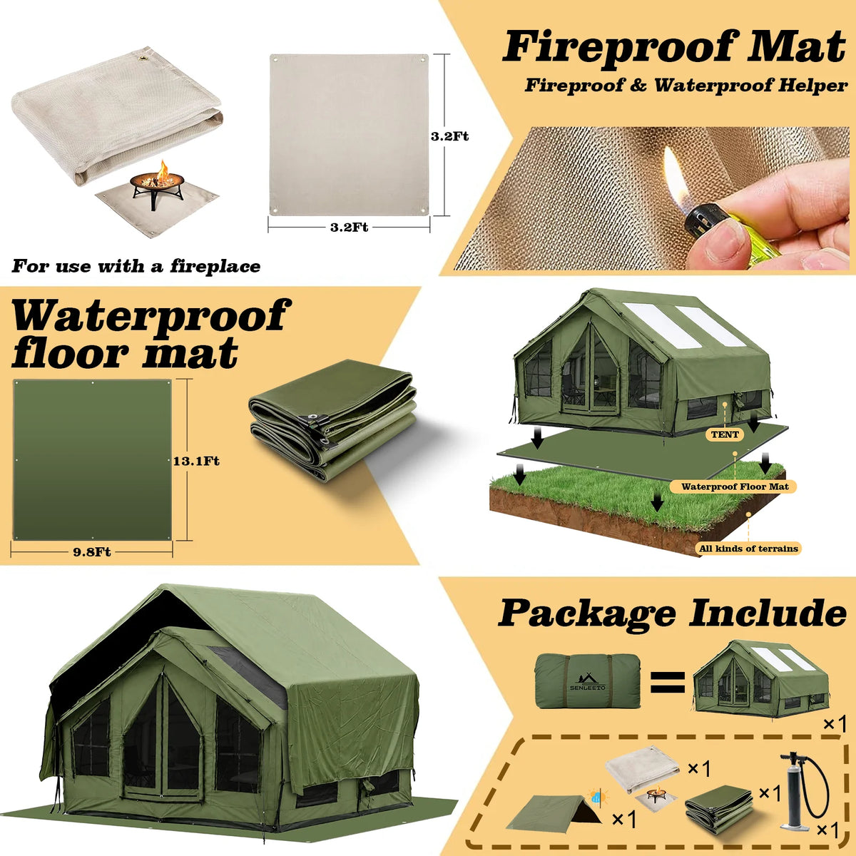 SENLEETO Large Inflatable Camping Tent 6-8 Person with Waterproof Mat,420D Oxford Glamping Hot Tent with Stove Jack AC Port,Easy Setup Blow Up Tent for Outdoor Camping