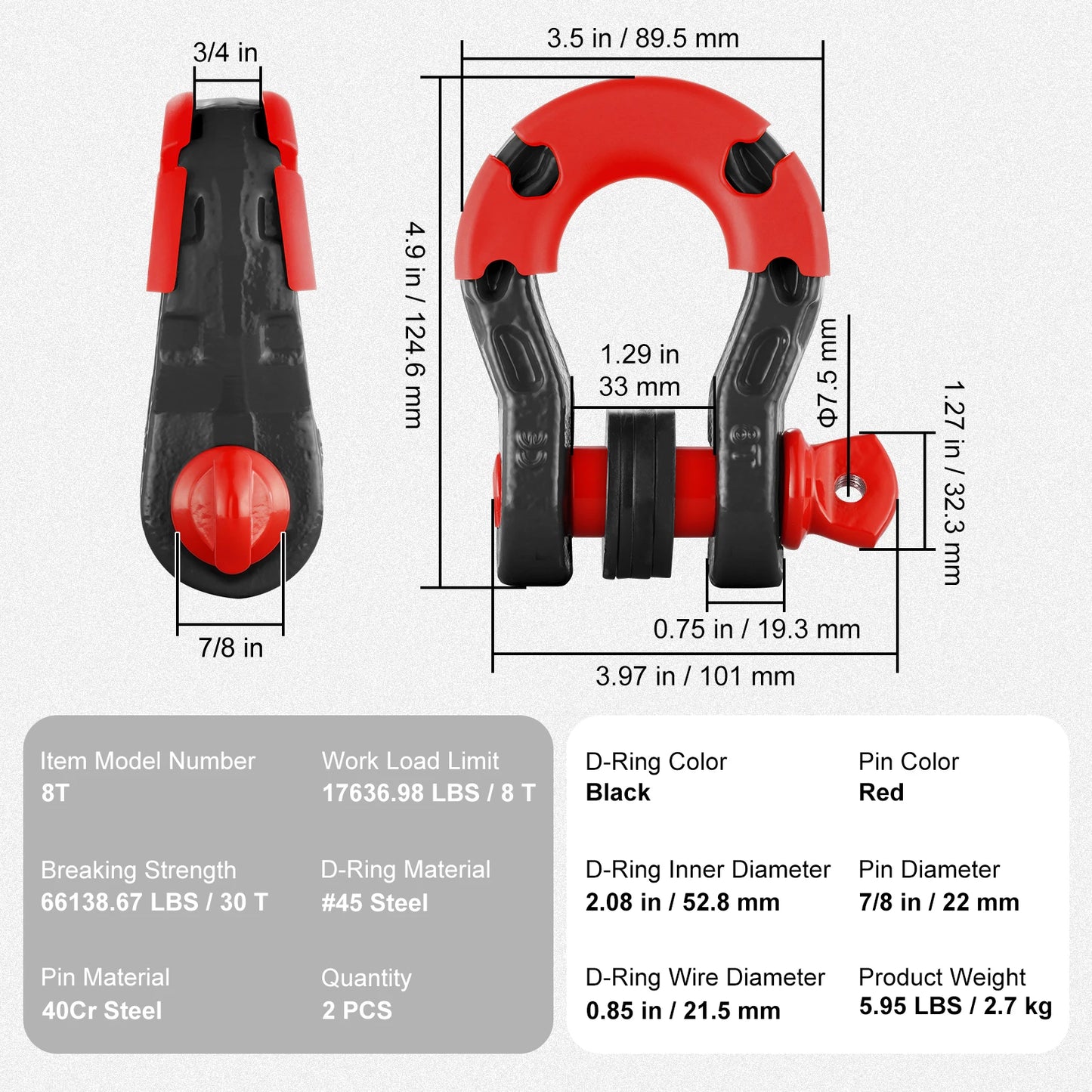 Two Pack Three Quarter Inch D Ring Shackle U Hook Set With Seven Eighths Pin