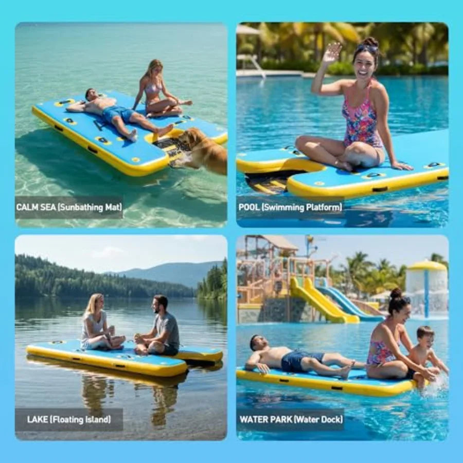 Portable inflatable water platform with dog ramp: heavy-duty 6 thick drop stitch floating dock for pets adults kids; ideal for