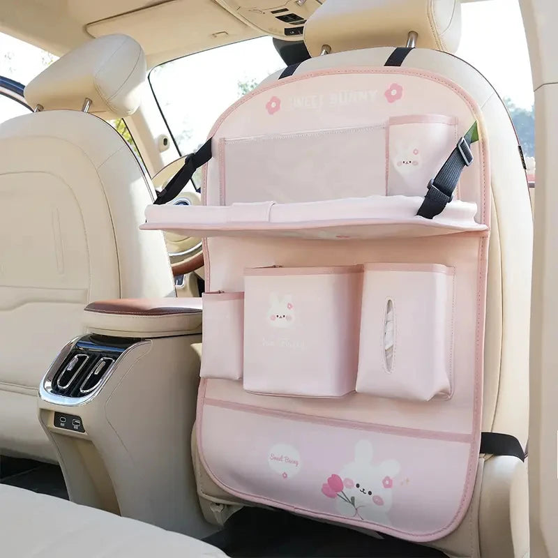 Leather Deluxe Car Seat Back Organizer-Multi-Function Storage, Foldable Dining Table Tray,Anti-Kick Pad,Decorative Car Accessory