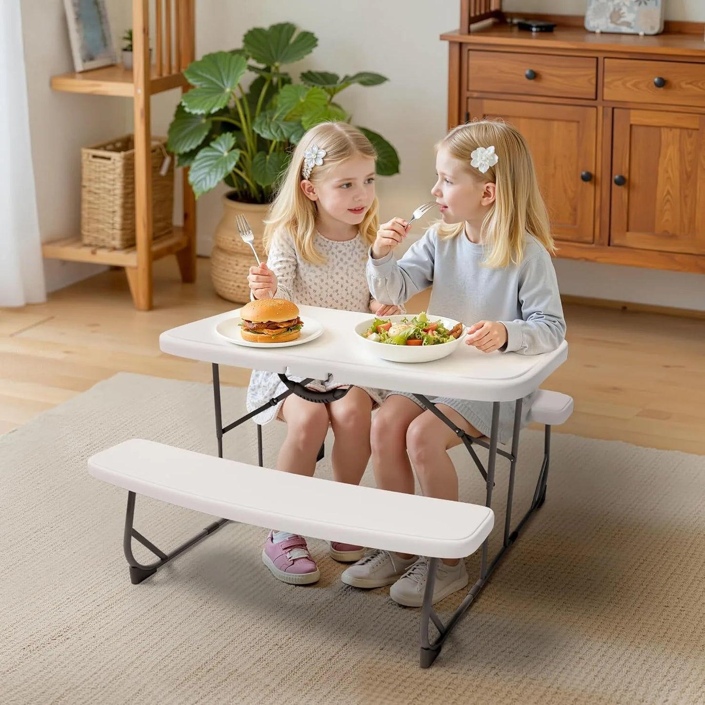 Picnic Table with Benches, Durable All-Weather Steel Frame, Stable & Easy to Clean, Portable Camping Table and Chairs for Outdoo