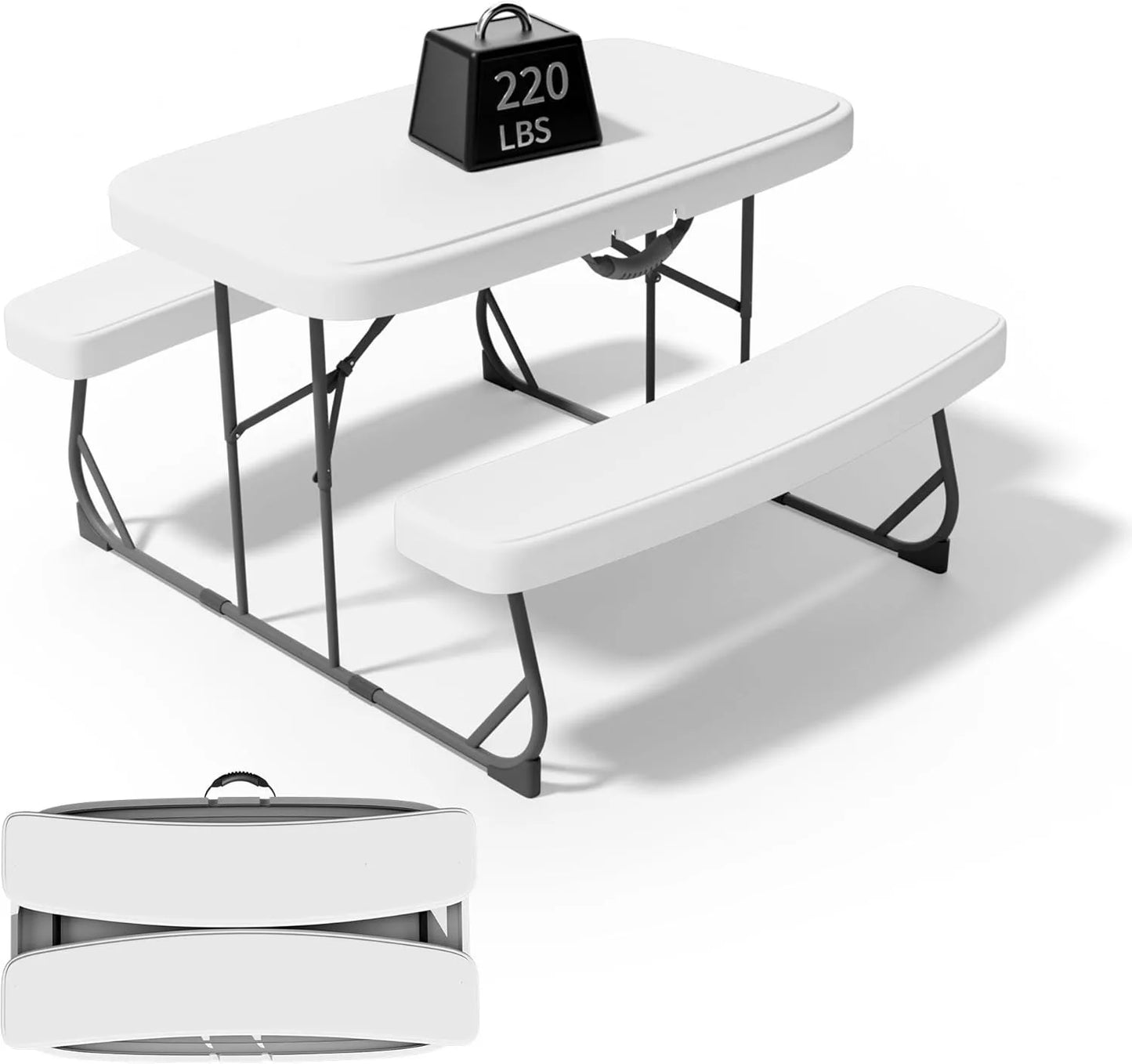 Picnic Table with Benches, Durable All-Weather Steel Frame, Stable & Easy to Clean, Portable Camping Table and Chairs for Outdoo