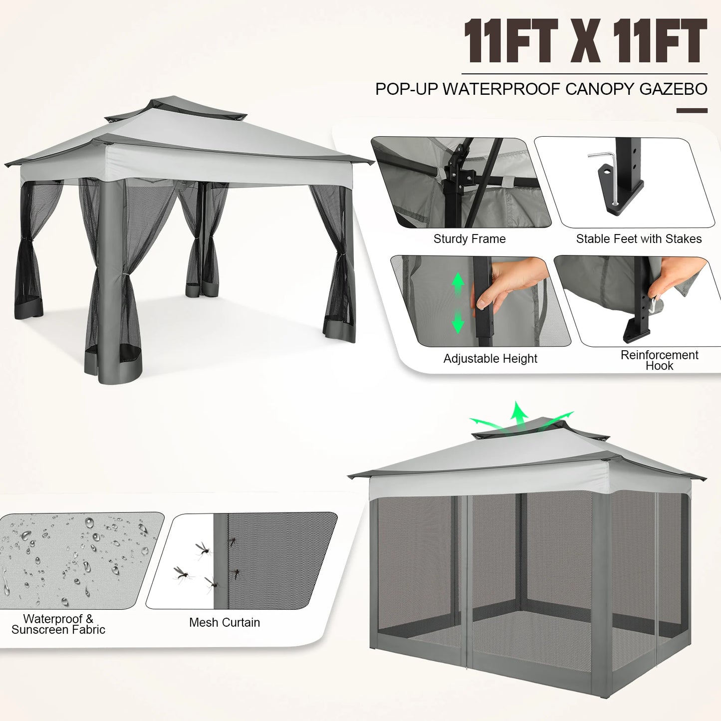 11x11ft Pop Up Gazebo Pavilion With Mosquito Netting Outdoor Canopy Tent With Carry Bag Gazebo For Garden Backyard Lawn Patio