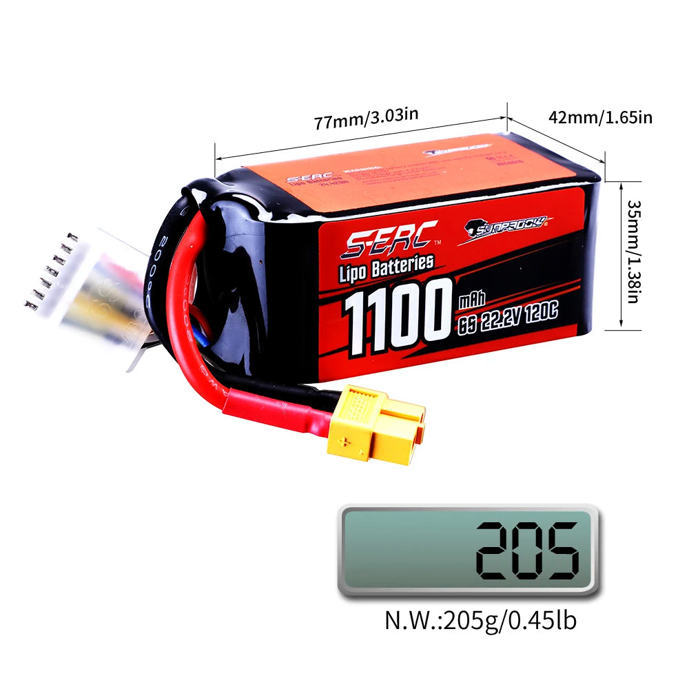 Sunpadow 22.2V 6S Lipo Battery 1100 1300mAh 1500mAh 120C Soft Pack with XT60 Plug for RC FPV Helicopter Airplane Drone Racing