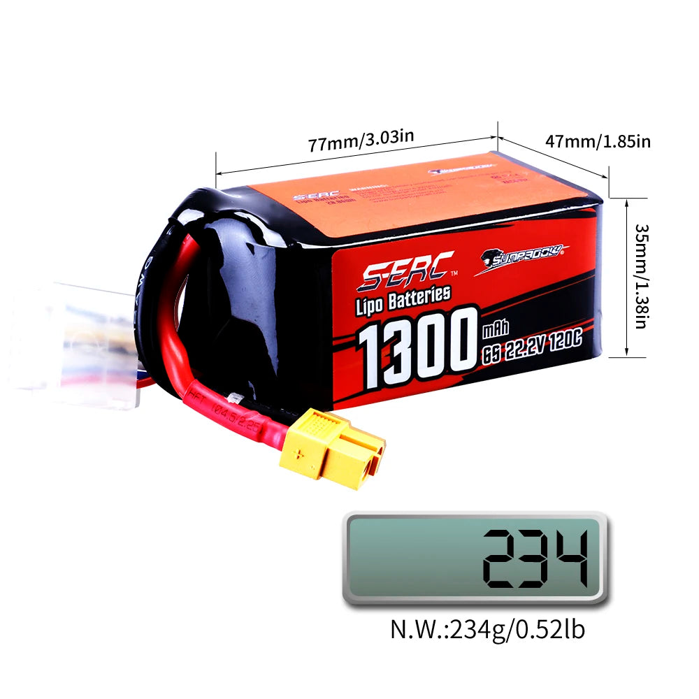 Sunpadow 22.2V 6S Lipo Battery 1100 1300mAh 1500mAh 120C Soft Pack with XT60 Plug for RC FPV Helicopter Airplane Drone Racing