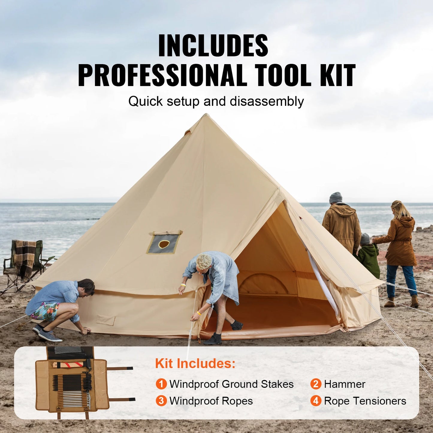 Elevate your outdoor gatherings with our spacious canvas bell tent designed for year-round comfort and effortless setup.