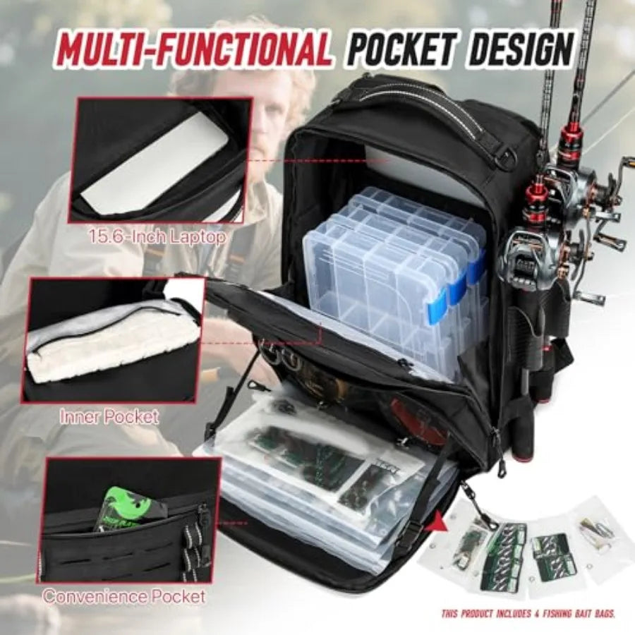 Fishing Tackle Backpack with Two Rod Holders Water Resistant Gear Bag