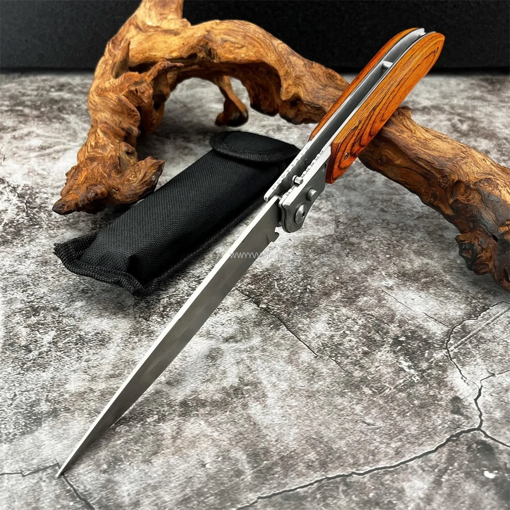 12-inch Large Assisted Opening Folding Knife, D2 Steel Blade, Wooden Handle, Nylon Sheath, Men's Outdoor Hiking Camping EDC Tool