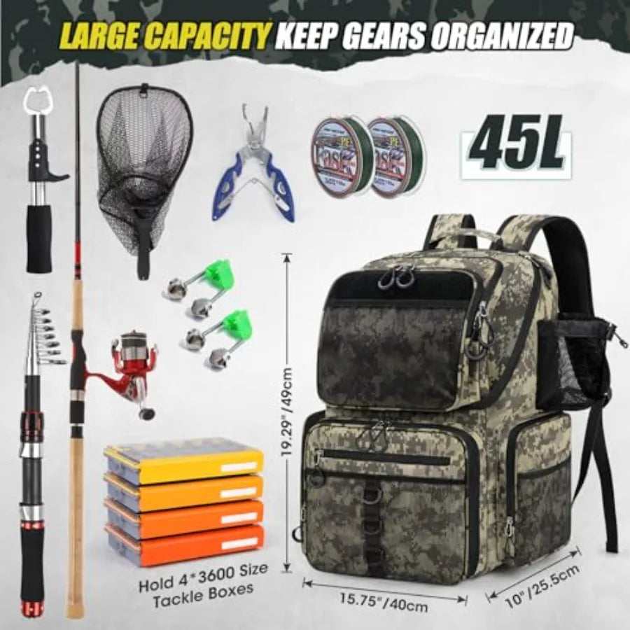 45L Fishing Backpack with Rod Holders and Rain Cover Large 900D Water-resistant Fishing Tackle Bag Store Fishing Gear