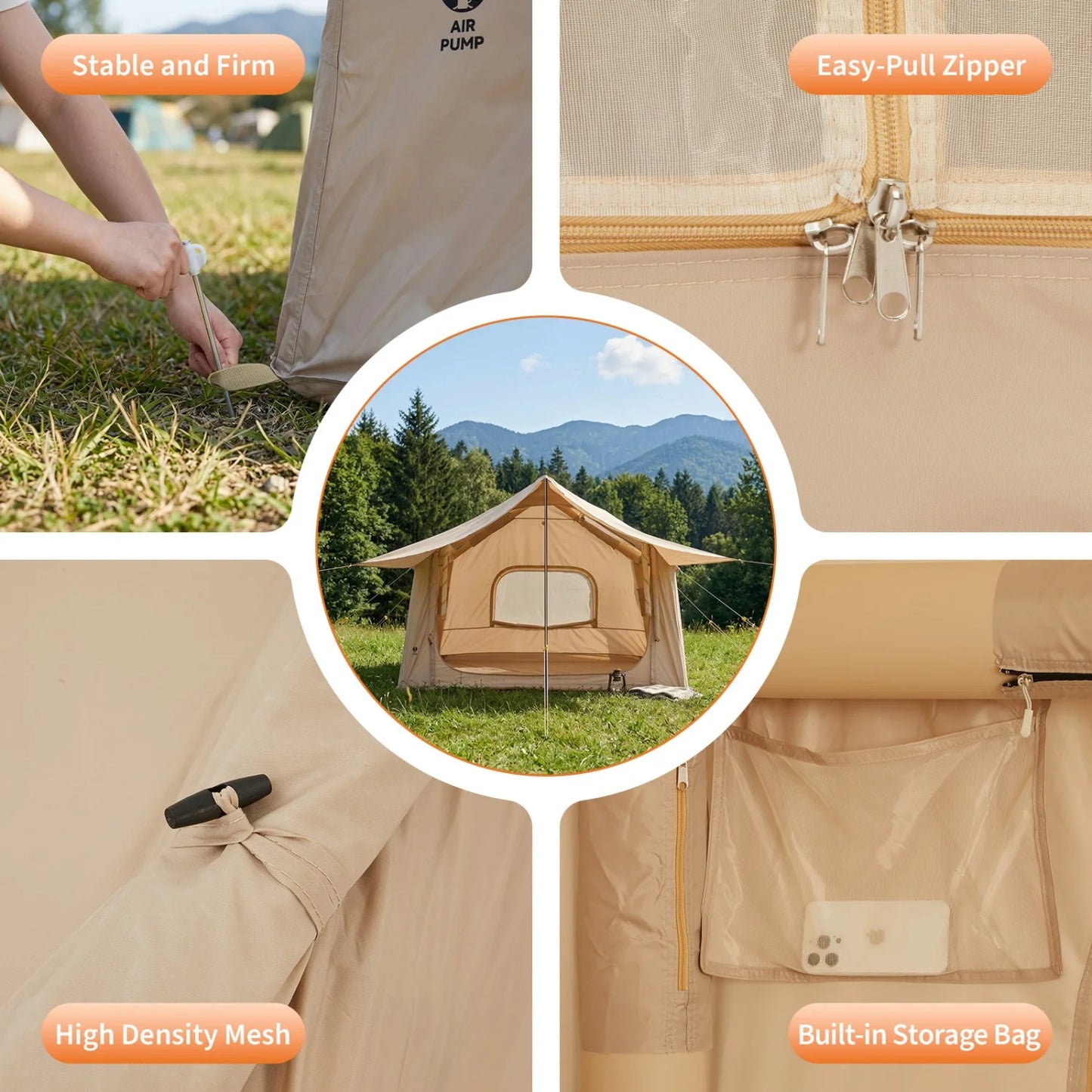 Quick Setup Inflatable Camping Tent for 6 People – Large Outdoor Shelter with Skylight and Canopy – Easy Blow Up Design- Well-Ventilated– 8 Square Size