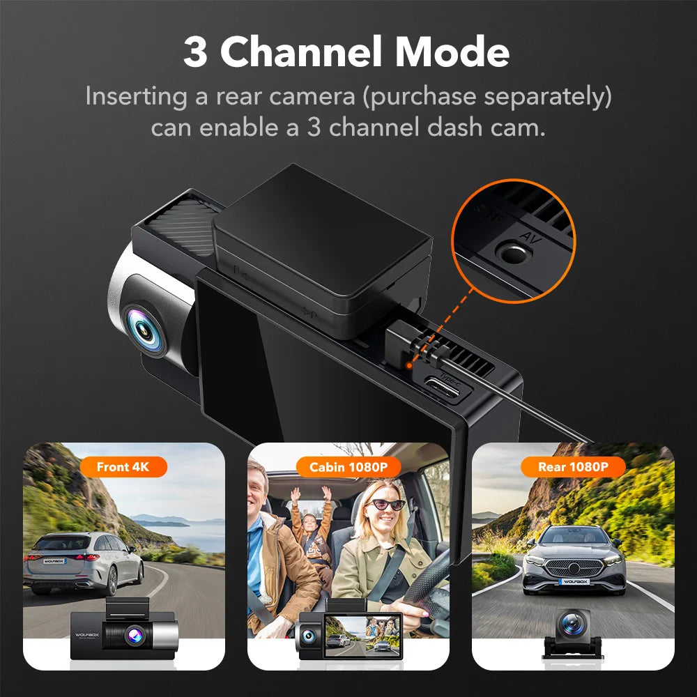 WOLFBOX i17 4K 3 Lens Dash Camera 3 Cameras Dashcam 5G Wifi App Control Car Cam Recorder Front/Cabin/Rear GPS Night Vision