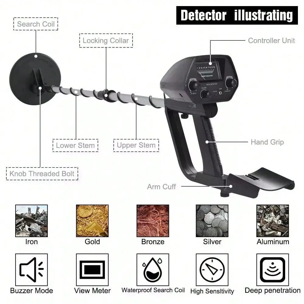 Metal Detectors, HighPerformance Waterproof Gold Digger, Adjustable Stem, 8 Coil With Folding Shovel Lightweight Metal Detector