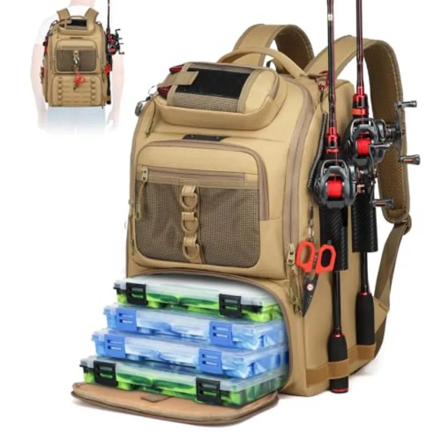 Fishing Tackle Backpack with Two Rod Holders Water Resistant Gear Bag