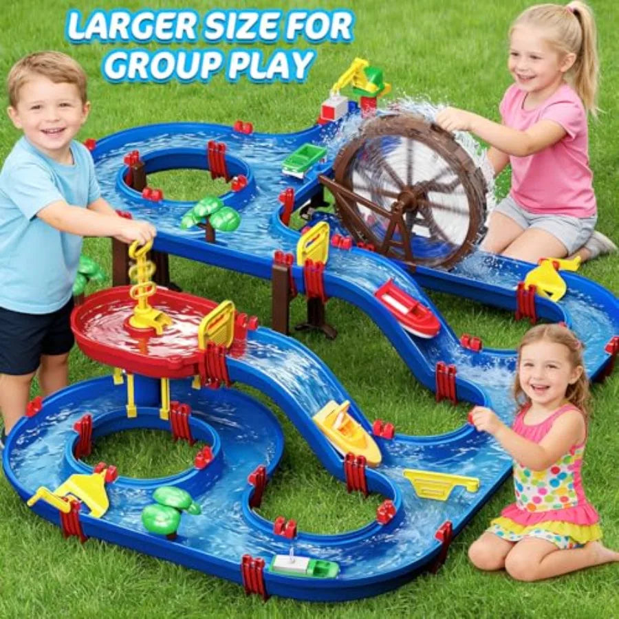 2-Tier Watermill Water Table Toys 124PCS Water Park Playset with Pump Waterwheel Summer Outdoor Water Toys Waterways for Backya