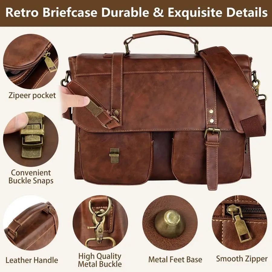 Bag for Men 15.7 inch Vintage PU Leather Briefcase Large Computer Laptop Bag for Office Business