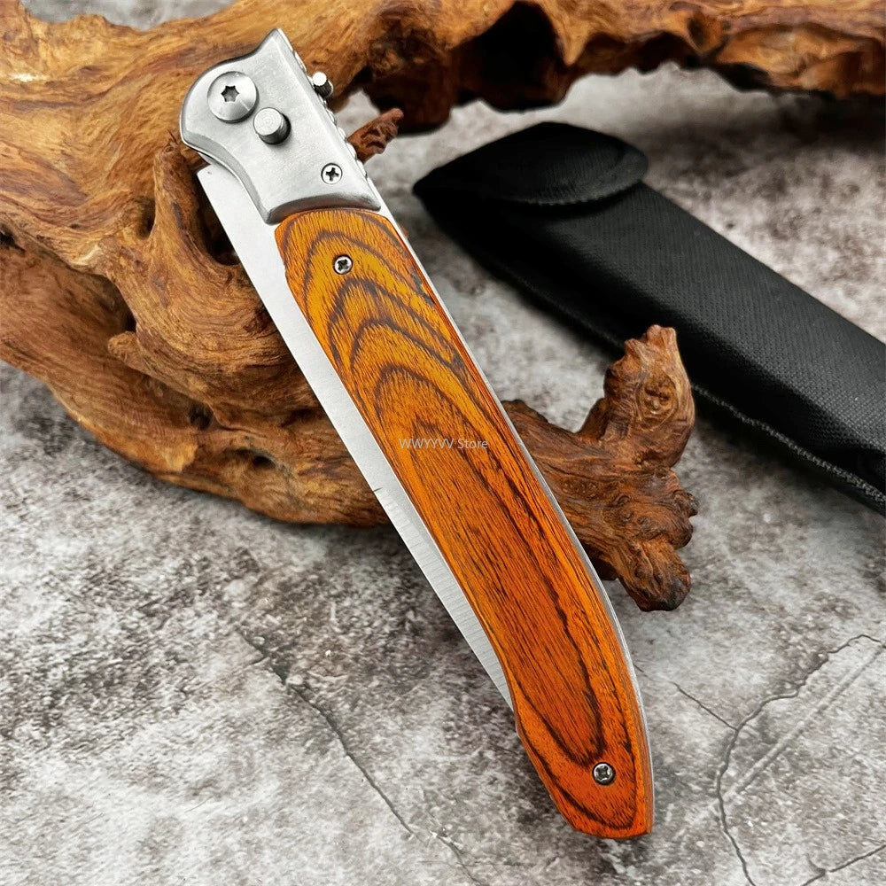 12-inch Large Assisted Opening Folding Knife, D2 Steel Blade, Wooden Handle, Nylon Sheath, Men's Outdoor Hiking Camping EDC Tool