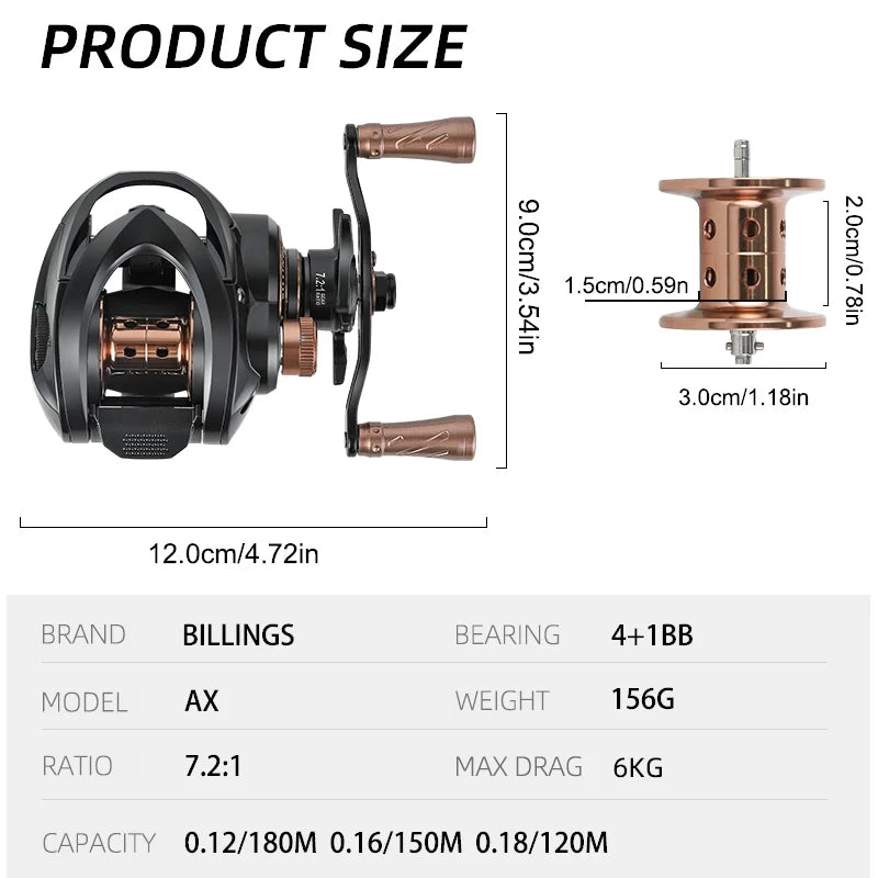 BILLINGS Baitcasting Reel 156G Lightweight Baitcaster Fishing Reels 4+1BB 7.2:1 High Speed Gear Ratio 6KG Max Drag for Freshwater Fishing
