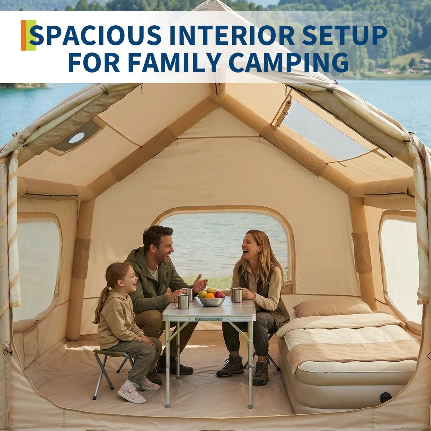 Quick Setup Inflatable Camping Tent for 6 People – Large Outdoor Shelter with Skylight and Canopy – Easy Blow Up Design- Well-Ventilated– 8 Square Size