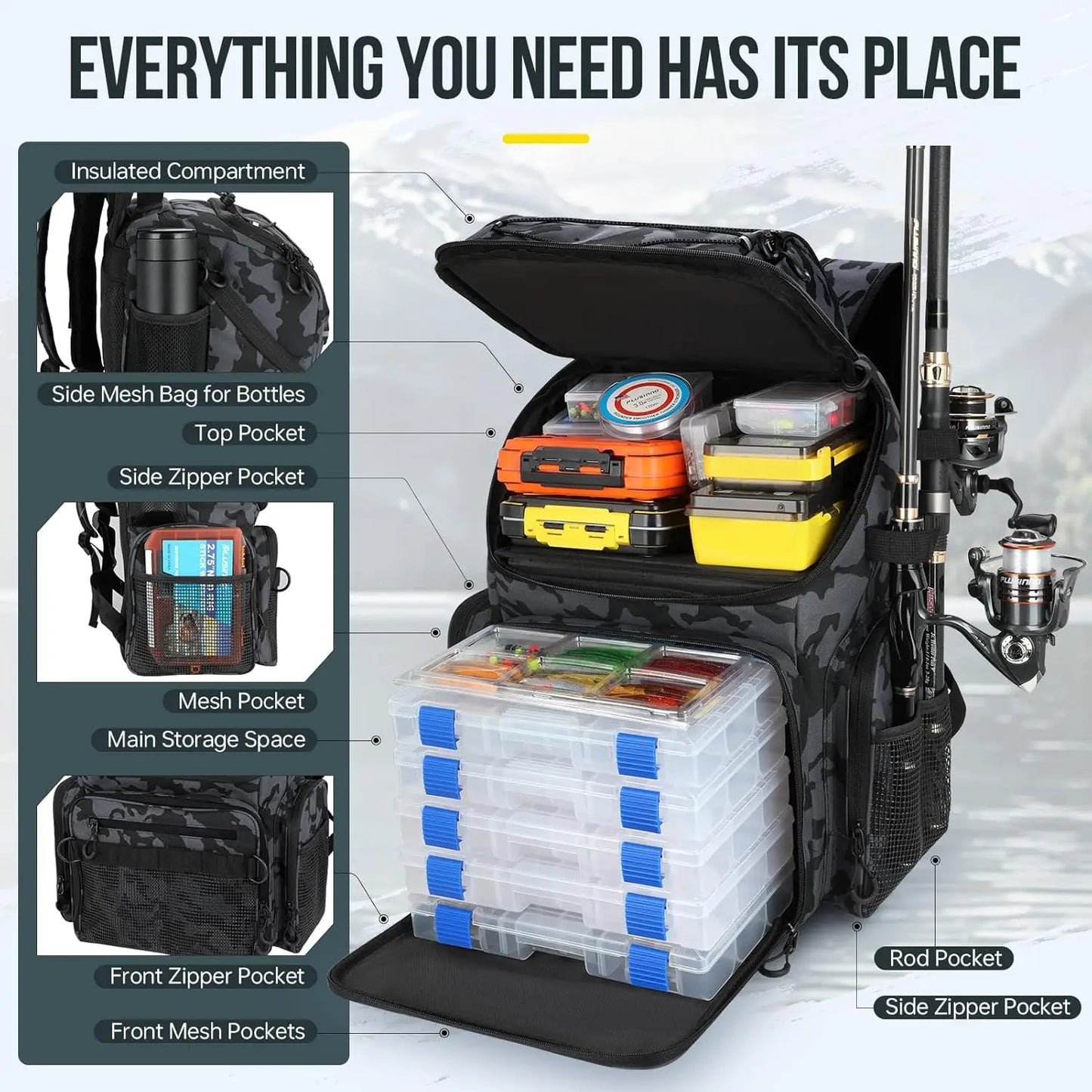 45L Waterproof Fishing Backpack with Cooler & Rod Holders - Large Tackle Storage for Outdoor Sports