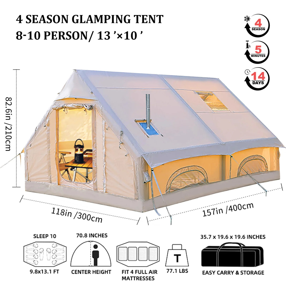 SENLEETO Inflatable Camping Tents 6-8 Person for Family,420D High-density Oxford Fabric Family Inflatable Tent House with Stove Jack&AC Vent,Easy Setup Blow up Tent with High Pressure Pump