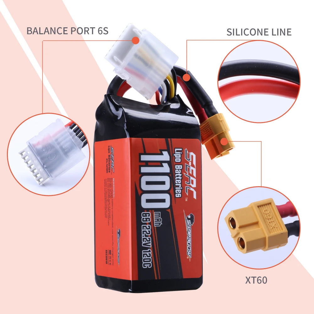 Sunpadow 22.2V 6S Lipo Battery 1100 1300mAh 1500mAh 120C Soft Pack with XT60 Plug for RC FPV Helicopter Airplane Drone Racing