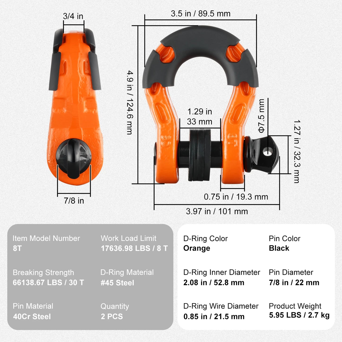 Two Pack Three Quarter Inch D Ring Shackle U Hook Set With Seven Eighths Pin