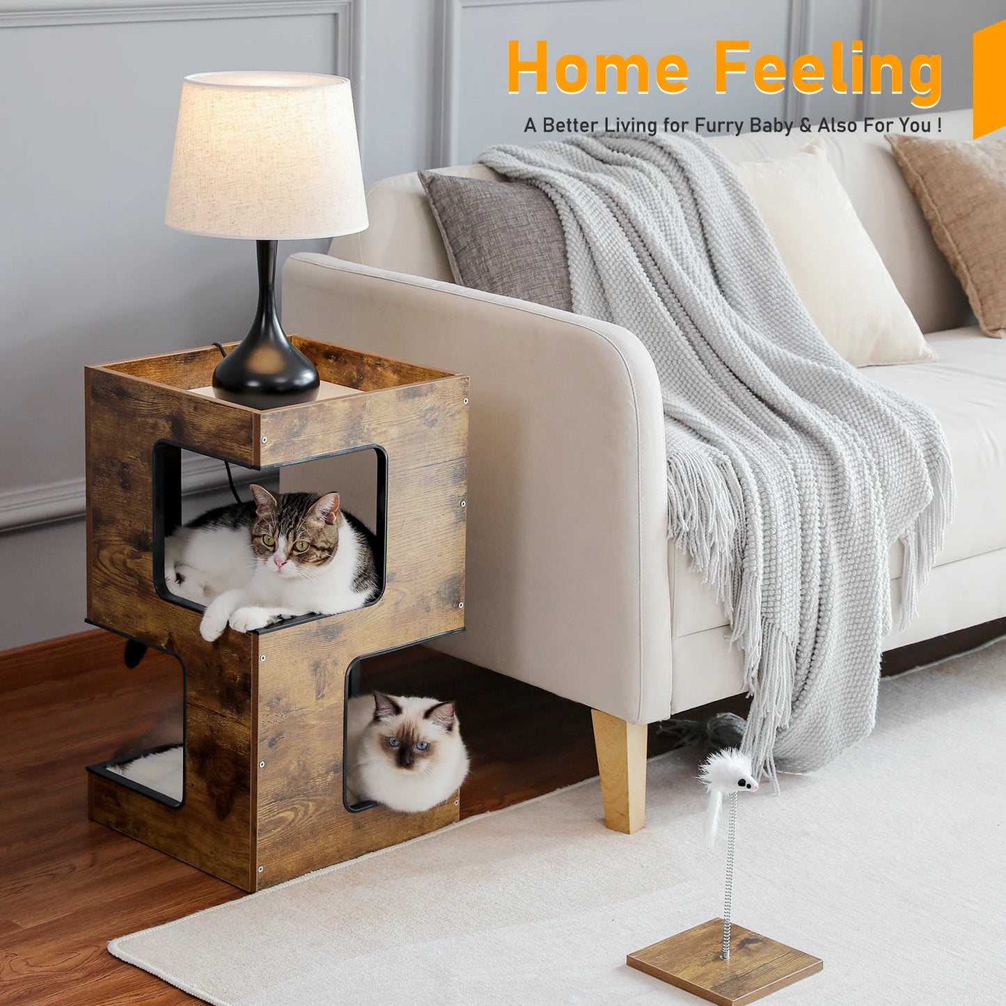 Give your cat a cozy retreat with this stylish wooden condo that doubles as a playful climbing tower at home.