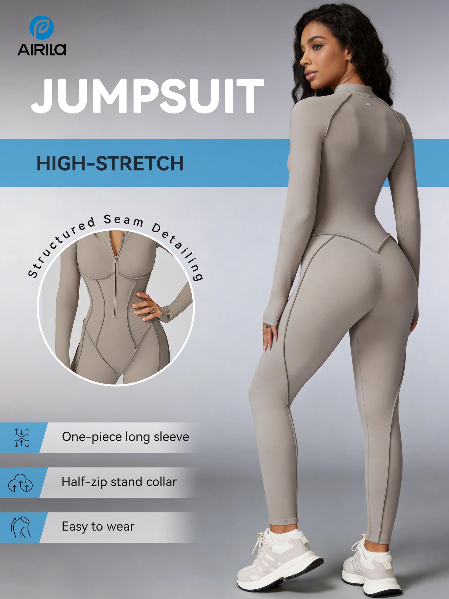 Zip Front Long Sleeve Yoga Pilates Jumpsuit Women Tummy Control Bodycon