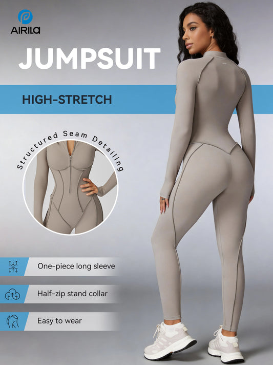 Zip Front Long Sleeve Yoga Pilates Jumpsuit Women Tummy Control Bodycon