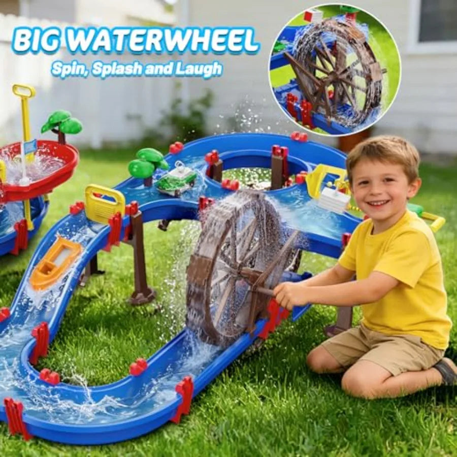 2-Tier Watermill Water Table Toys 124PCS Water Park Playset with Pump Waterwheel Summer Outdoor Water Toys Waterways for Backya
