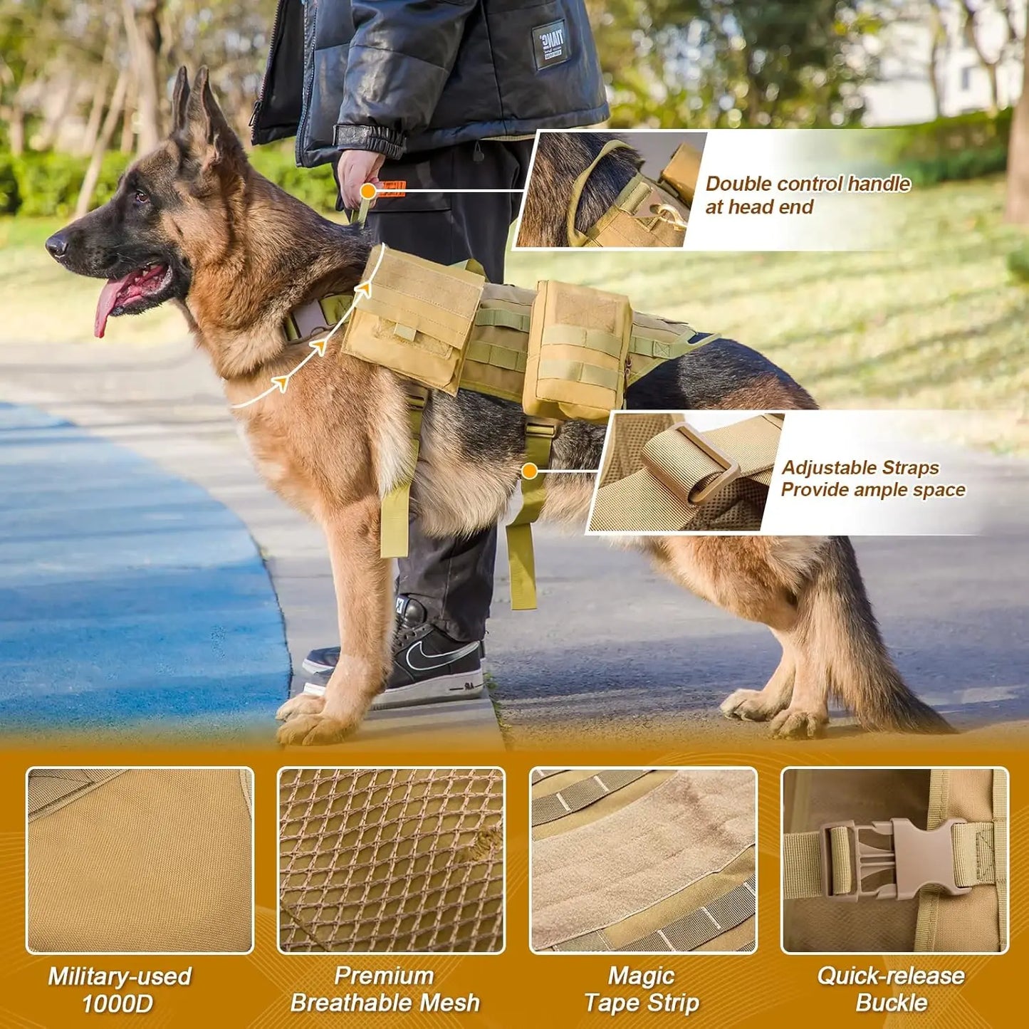Adjustable Tactical Dog Harness with Pouches, No-Pull Vest for Large Medium Dogs, Handle for Walking Hiking Training (Khaki, L)