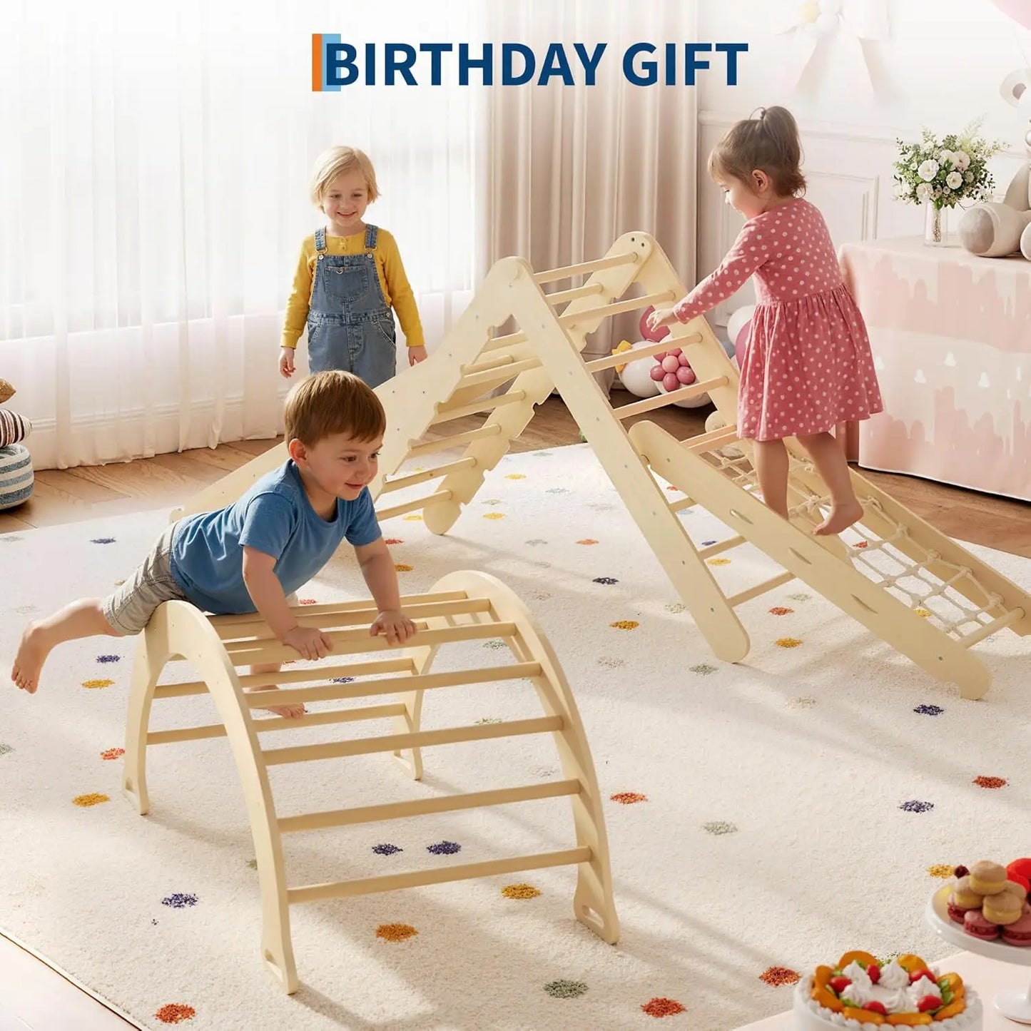 Collapsible Wooden Climbing Triangle Set For Toddlers With Arch Ramp And Ladder