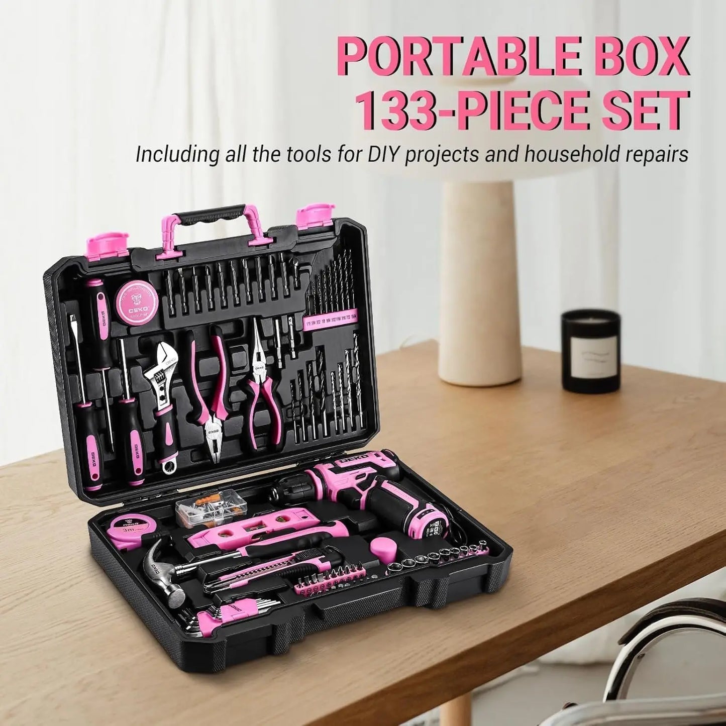 Pink Cordless Drill Tool Set Kit for Women, 12V Electric Drill Driver with Toolbox for Home Repair and DIY Projects