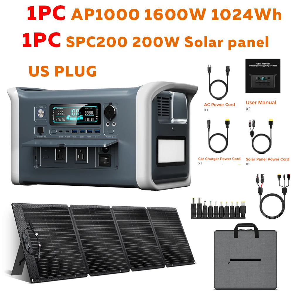 CTOLITY AP1000 1600W 1024Wh 110V Portable Solar Generator SPC200 200W ETFE Material Solar Panel  Lifepo4 Battery Power Station emergency Supply