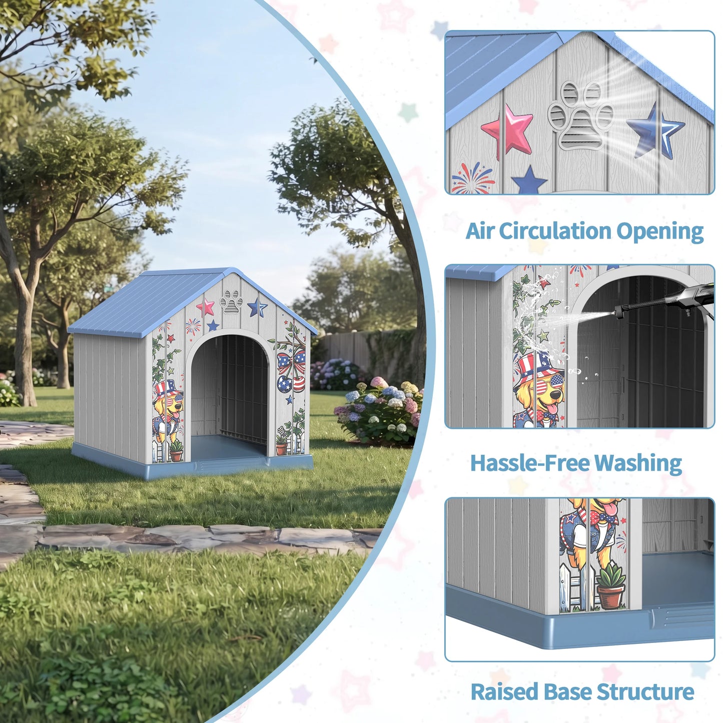 Weatherproof Outdoor Plastic Dog House With Printed Pattern Door Cover