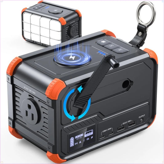 Portable Power Station 153Wh Camping Small Solar Generator with Hand Crank 120V 150W  Charger for Outdoor Travel Home Backup