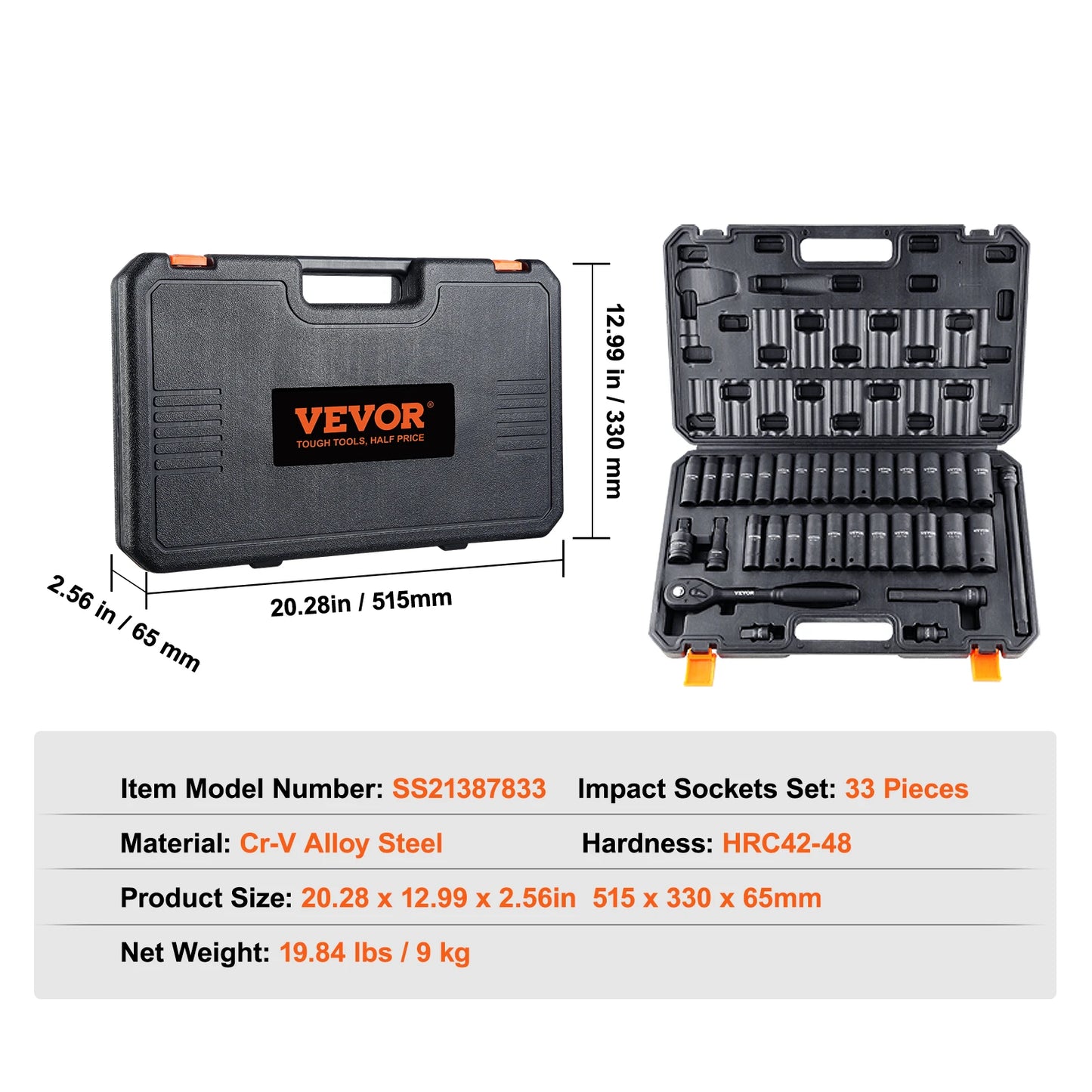 SucceBuy 1/2" 3/8" Drive Impact Socket Set 23/33/34/48/65 PCs Deep Socket Set SAE Metric Cr-V Cr-Mo Alloy Steel for Auto Repair
