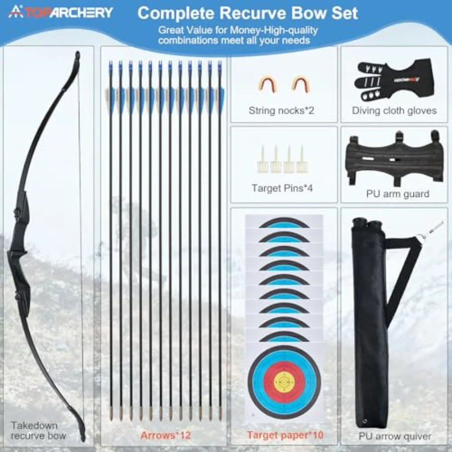 Recurve Bow and Arrow Set for Adults and Youth, Takedown Archery Bow with 12 Arrows, Black, 20lbs-40lbs, Suitable for Beginners