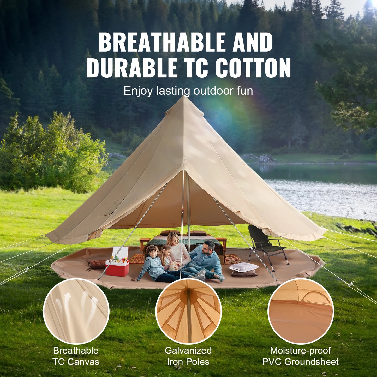 Elevate your outdoor gatherings with our spacious canvas bell tent designed for year-round comfort and effortless setup.