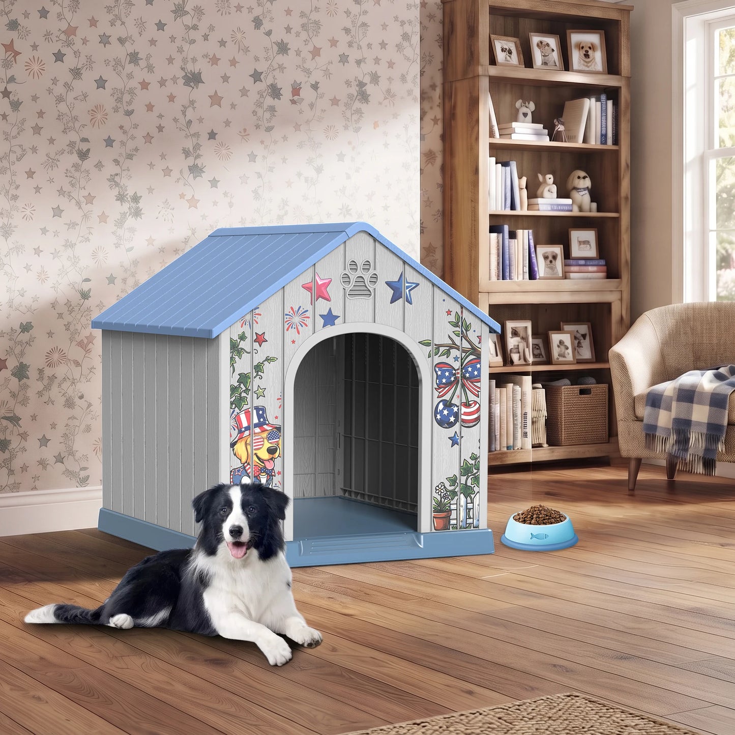 Weatherproof Outdoor Plastic Dog House With Printed Pattern Door Cover