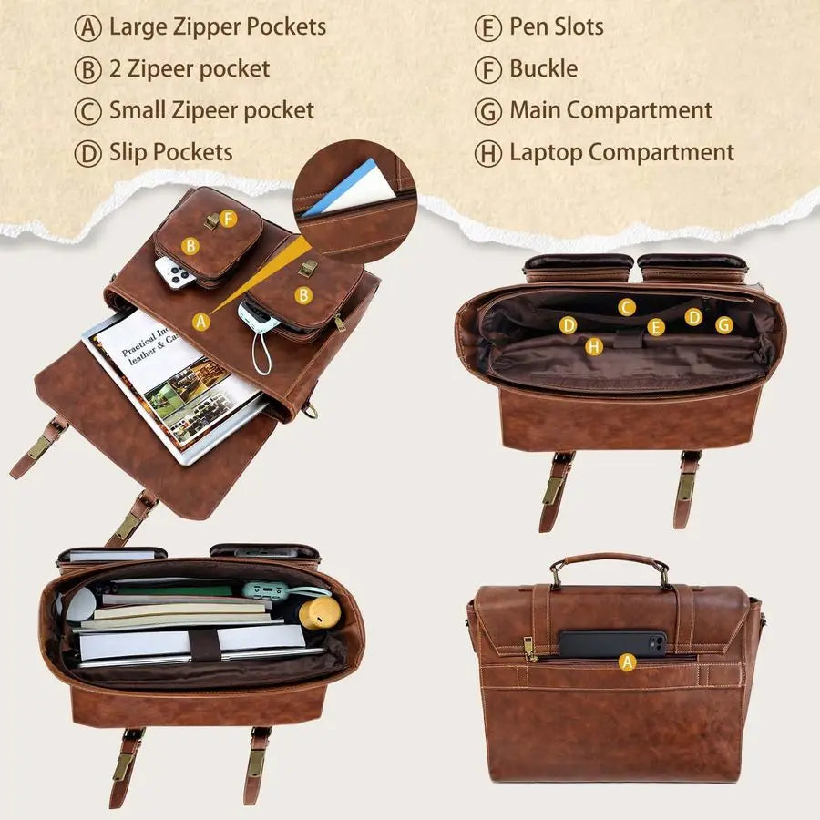 Bag for Men 15.7 inch Vintage PU Leather Briefcase Large Computer Laptop Bag for Office Business