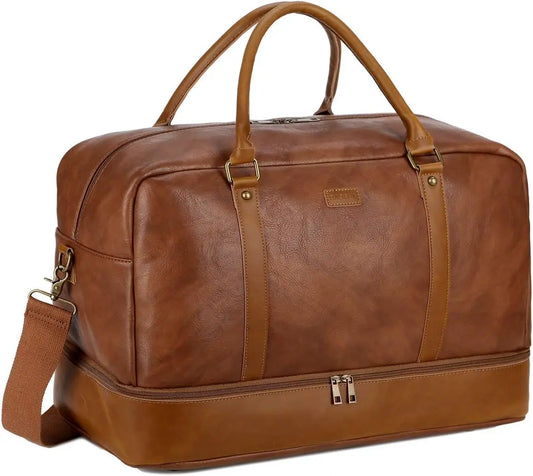 Large Vegan Leather Travel Duffel Bag with Shoe Compartment, Weekender Overnight Carry-On Tote